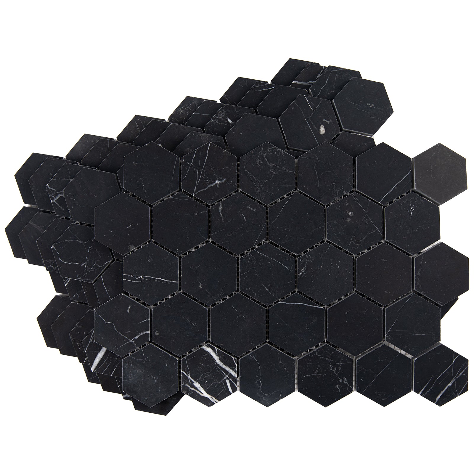 Nero Marquina Marble Mosaic Tiles, 2 inch Hexagon, Honed, 5 Sheet, CA47